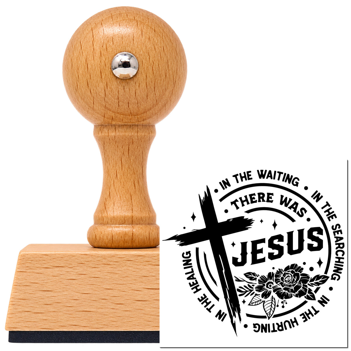 Vintage Pro beech wood stamp with a round knob handle, shown with its black There Was Jesus imprint on white.