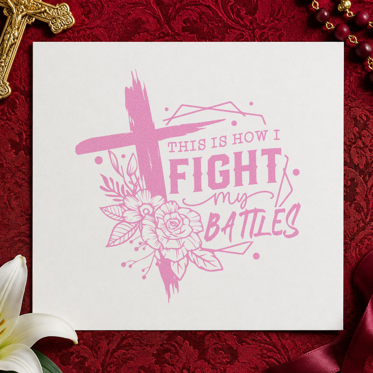 Fight My Battles Floral Frame craft stamp in purple ink on cardstock, an easy option for chemo chair tags.