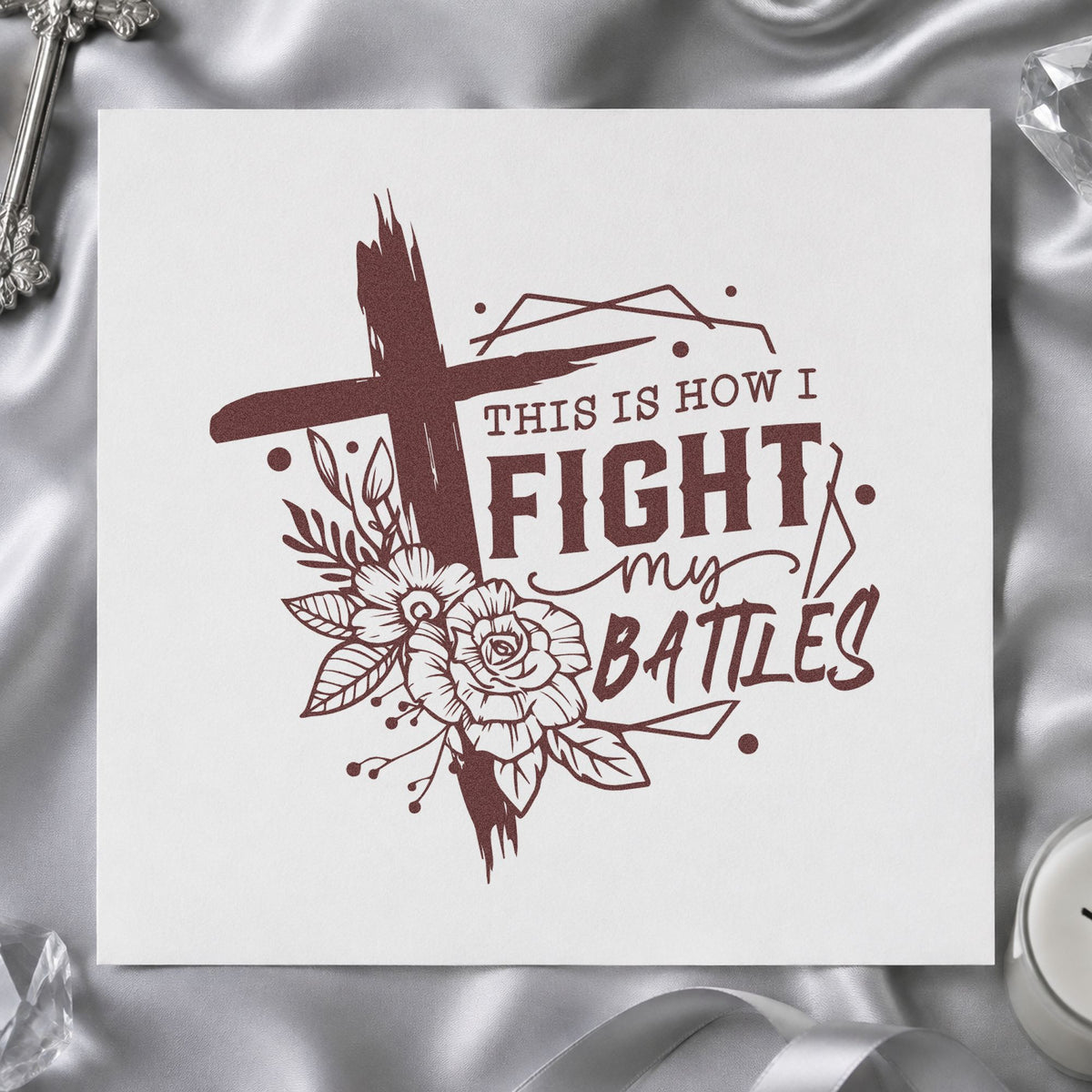 Fight My Battles Floral Frame rubber stamp printed in brown ink, ready for coloring wall crafts and similar paper crafts.