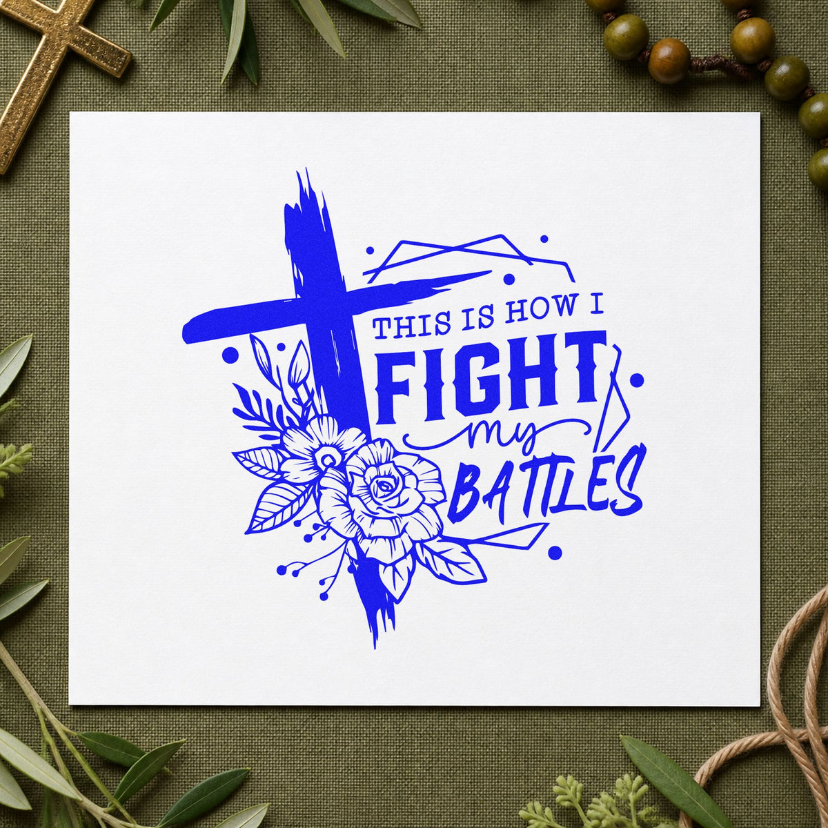 Fight My Battles Floral Frame craft stamp in blue ink on cardstock, an easy option for recovery ward totes.