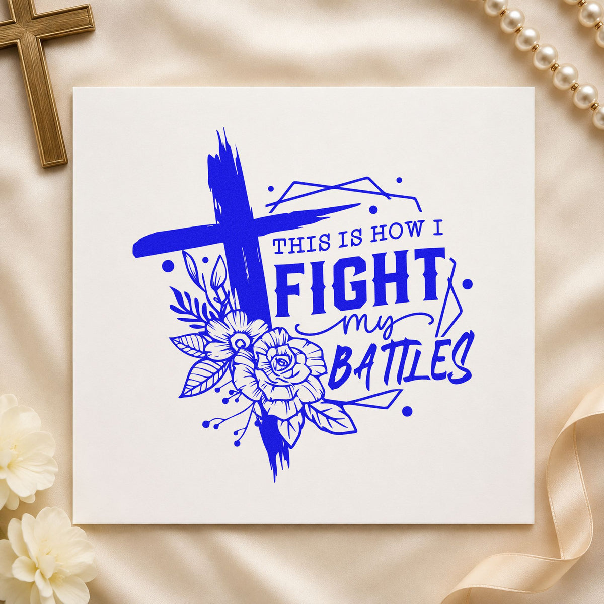 Fight My Battles Floral Frame craft stamp imprinted in blue ink on paper, a design suited to warrior candle labels.