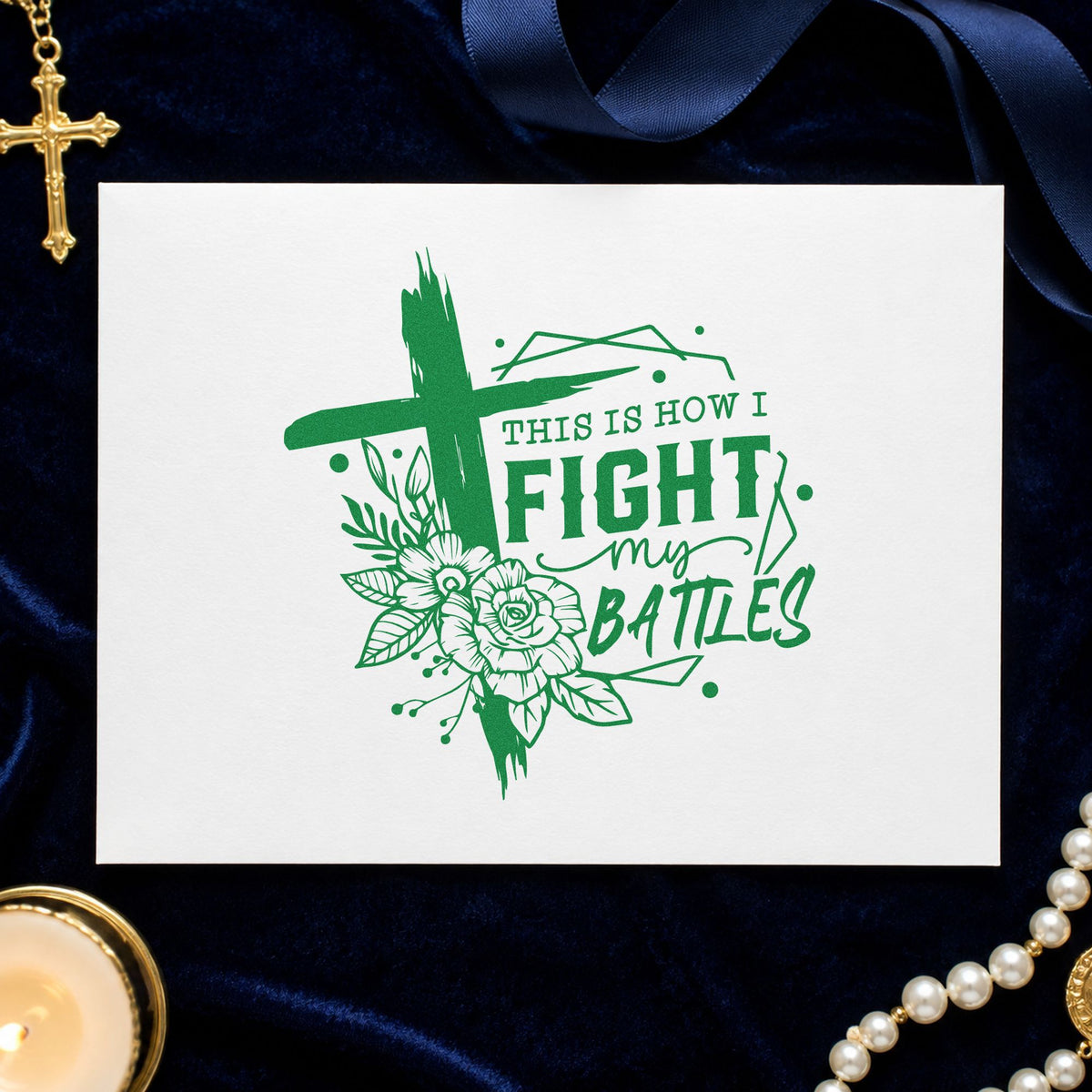 Fight My Battles Floral Frame craft stamp imprint in green ink on a handmade project, one idea being framed landing wall.