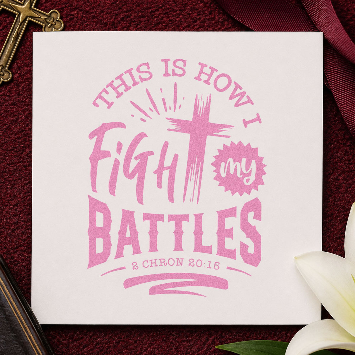 Fight My Battles Cross craft stamp in purple ink on cardstock, an easy option for armor study tags.