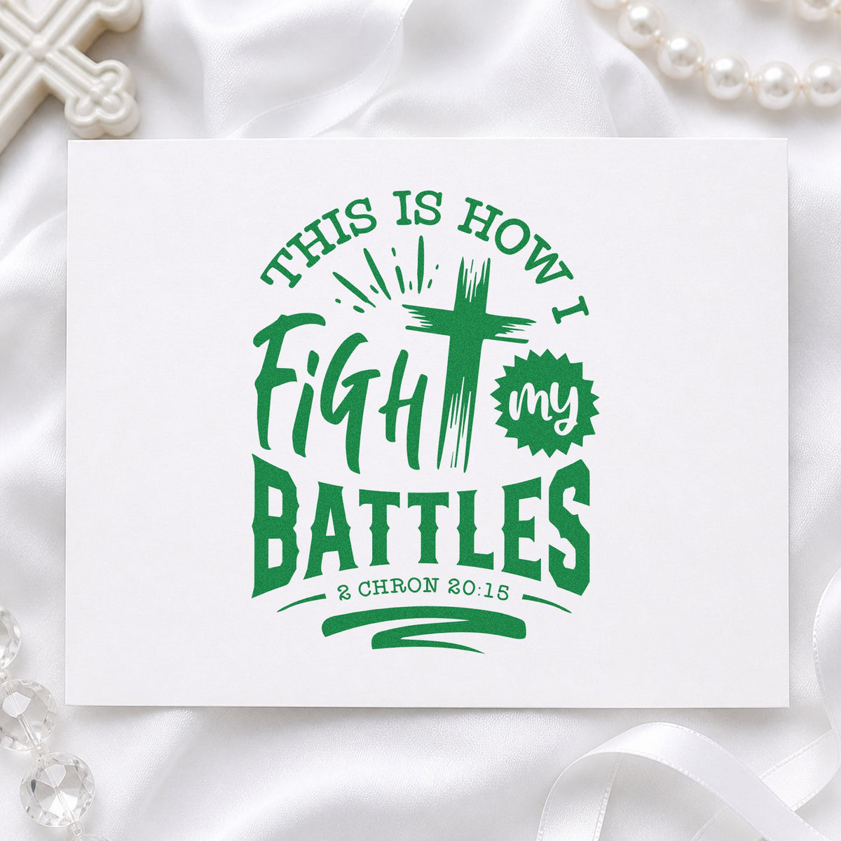 Fight My Battles Cross craft stamp imprint in green ink on a handmade project, one idea being verse memory pages.