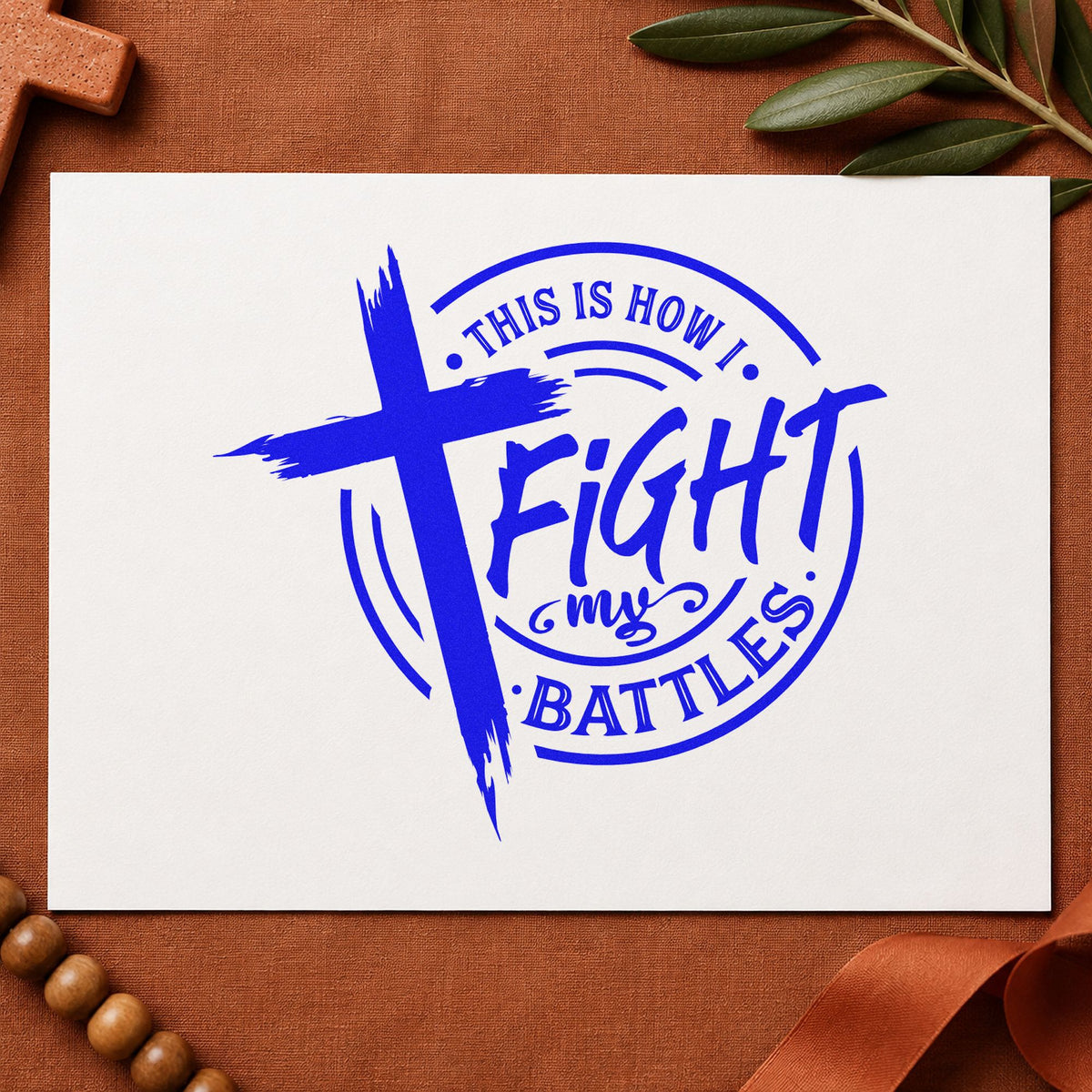 Fight My Battles Badge craft stamp in blue ink on cardstock, an easy option for drumhead transfers.