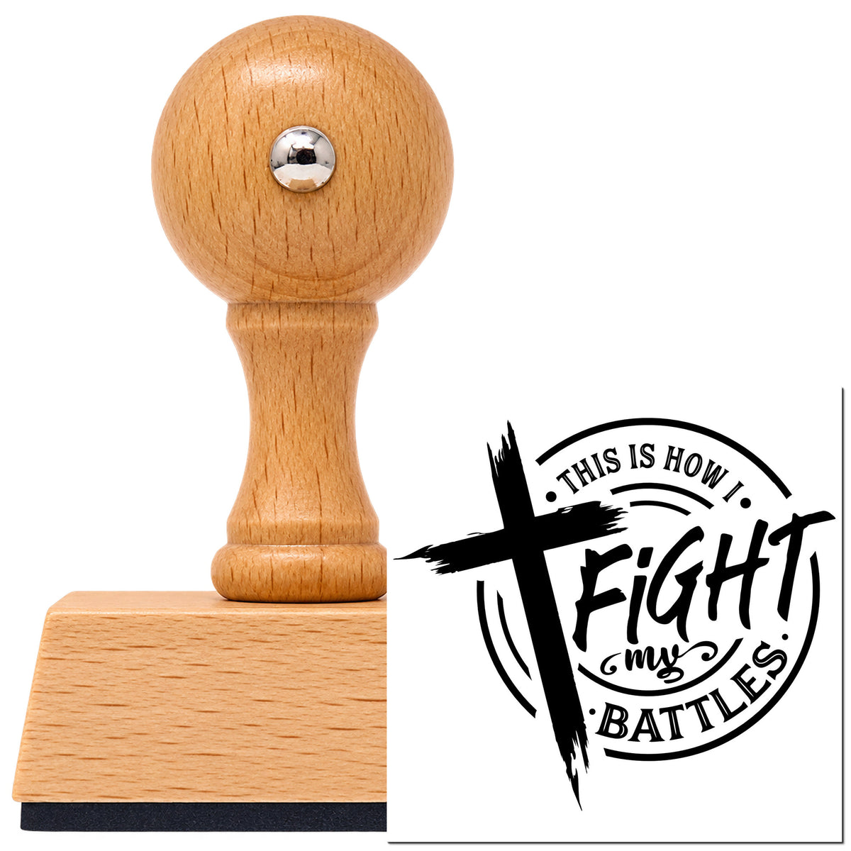 Vintage Pro beech wood stamp with a round knob handle, shown with its black Fight My Battles Emblem imprint on white.