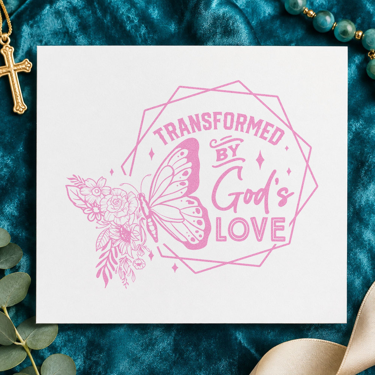 Transformed by God's Love craft stamp in purple ink on cardstock, an easy option for rebirth gift tags.