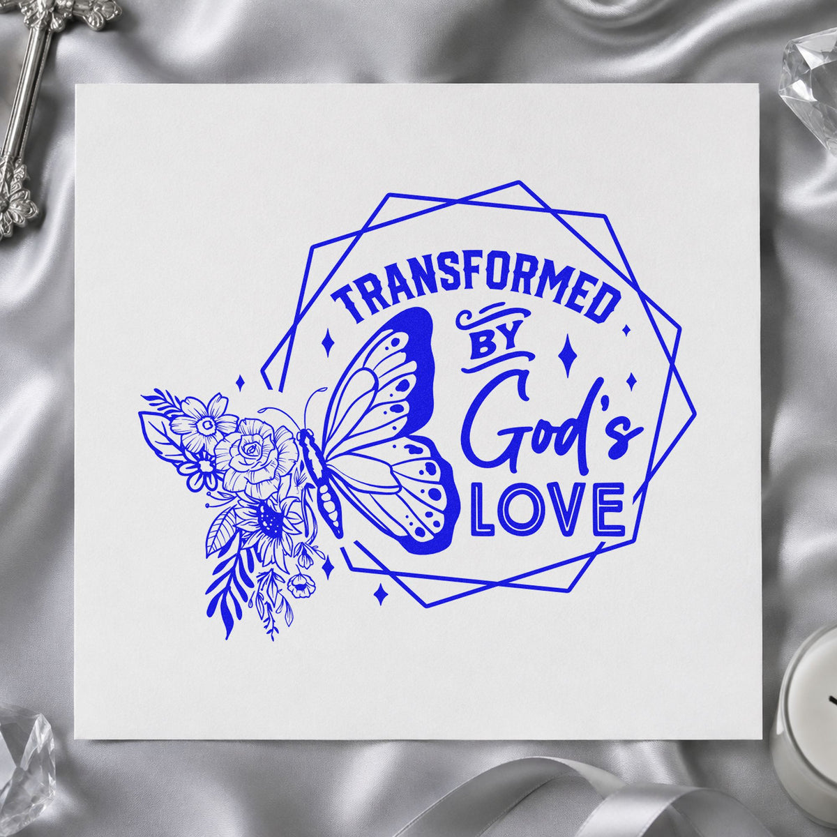 Transformed by God's Love craft stamp in blue ink on cardstock, an easy option for spring scarf ends.