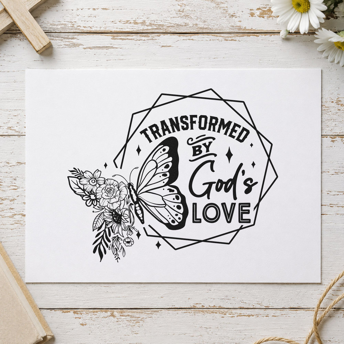 Transformed by God's Love rubber stamp printed in black ink, ready for butterfly frame cards and similar paper crafts.