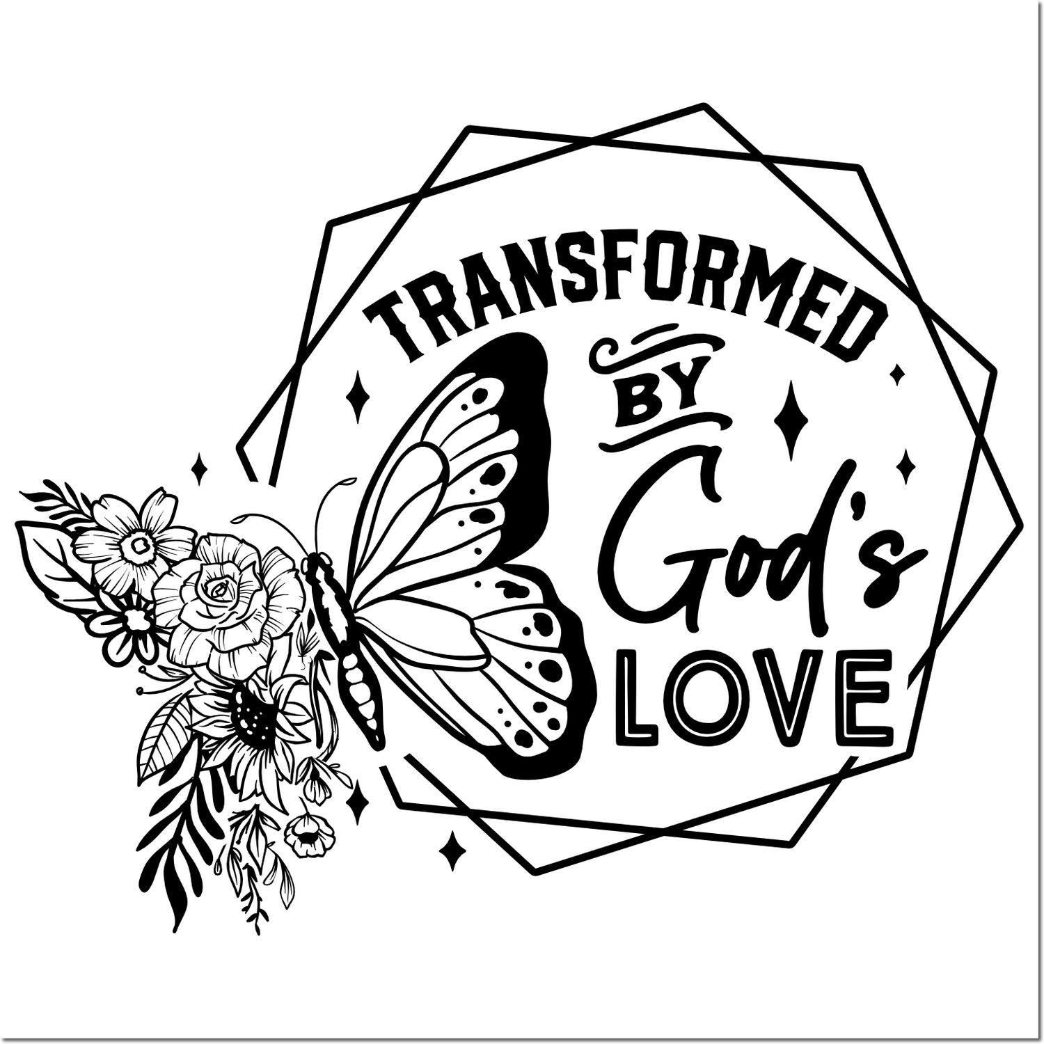 Black-and-white stamp seal with butterfly, floral accents, and geometric border reading Transformed by Gods Love.