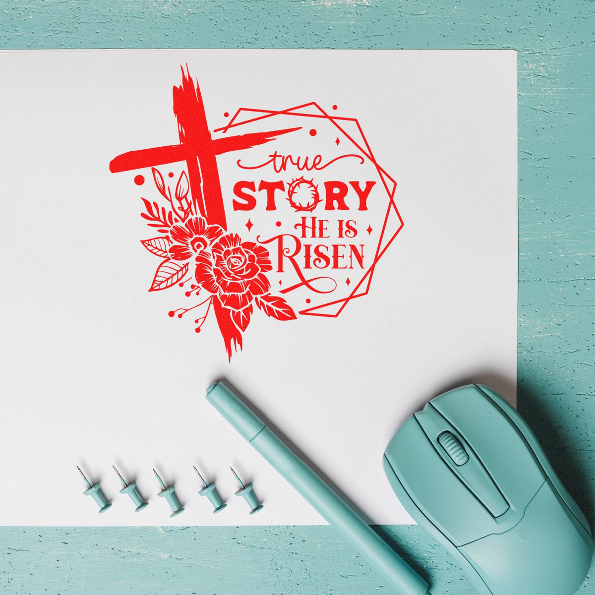 Red True Story He Is Risen cross and floral stamp on white paper with mint stamp and seal tools on aqua background.
