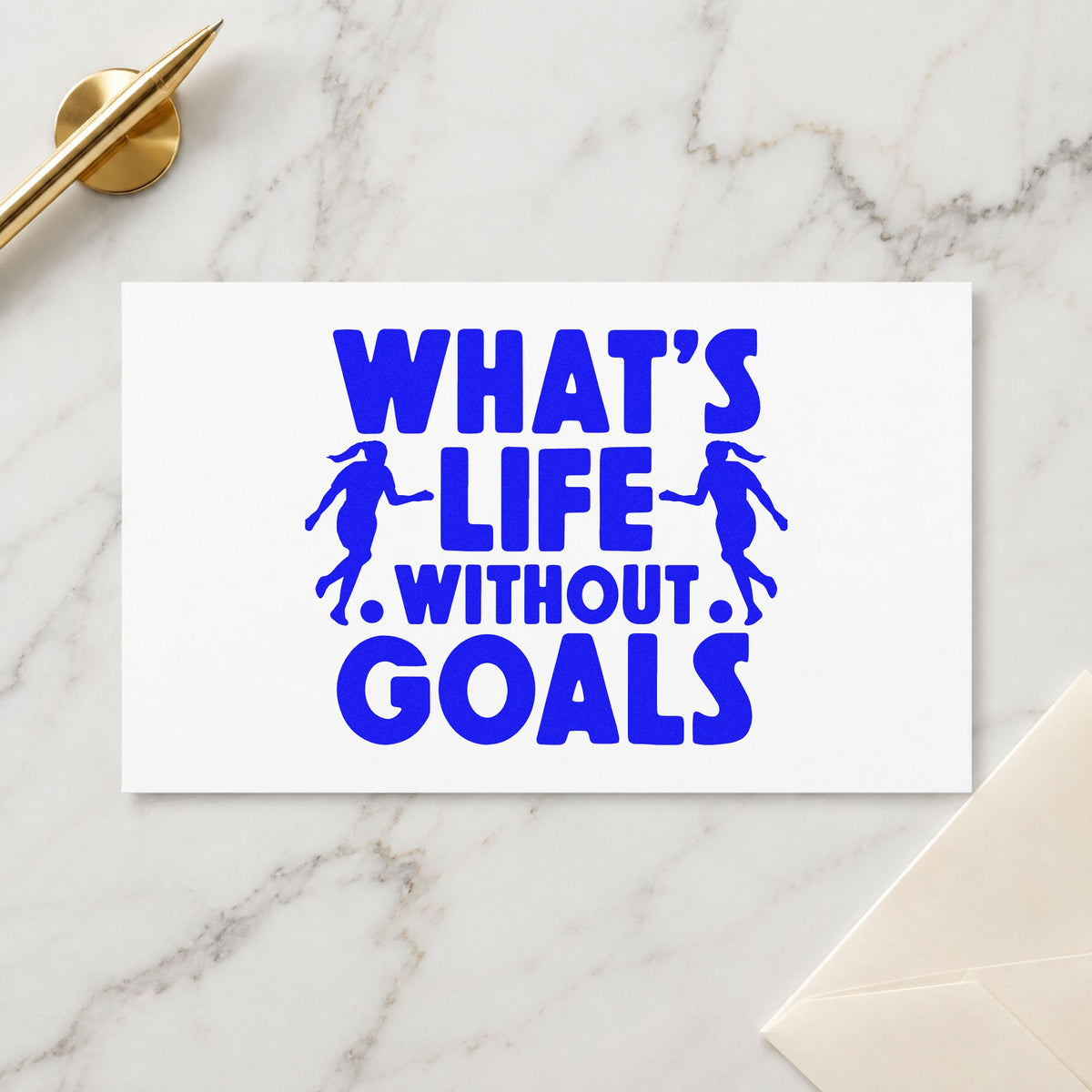 Life Without Goals Players craft stamp in blue ink on cardstock, an easy option for coach thank-you cards.