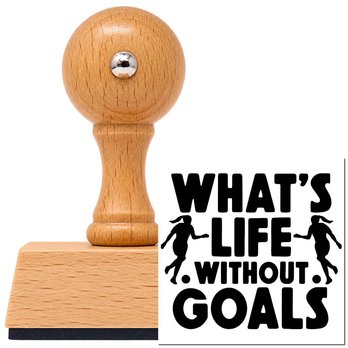 Vintage Pro beech wood stamp with a round knob handle, shown with its black Life Without Goals Players imprint on white.