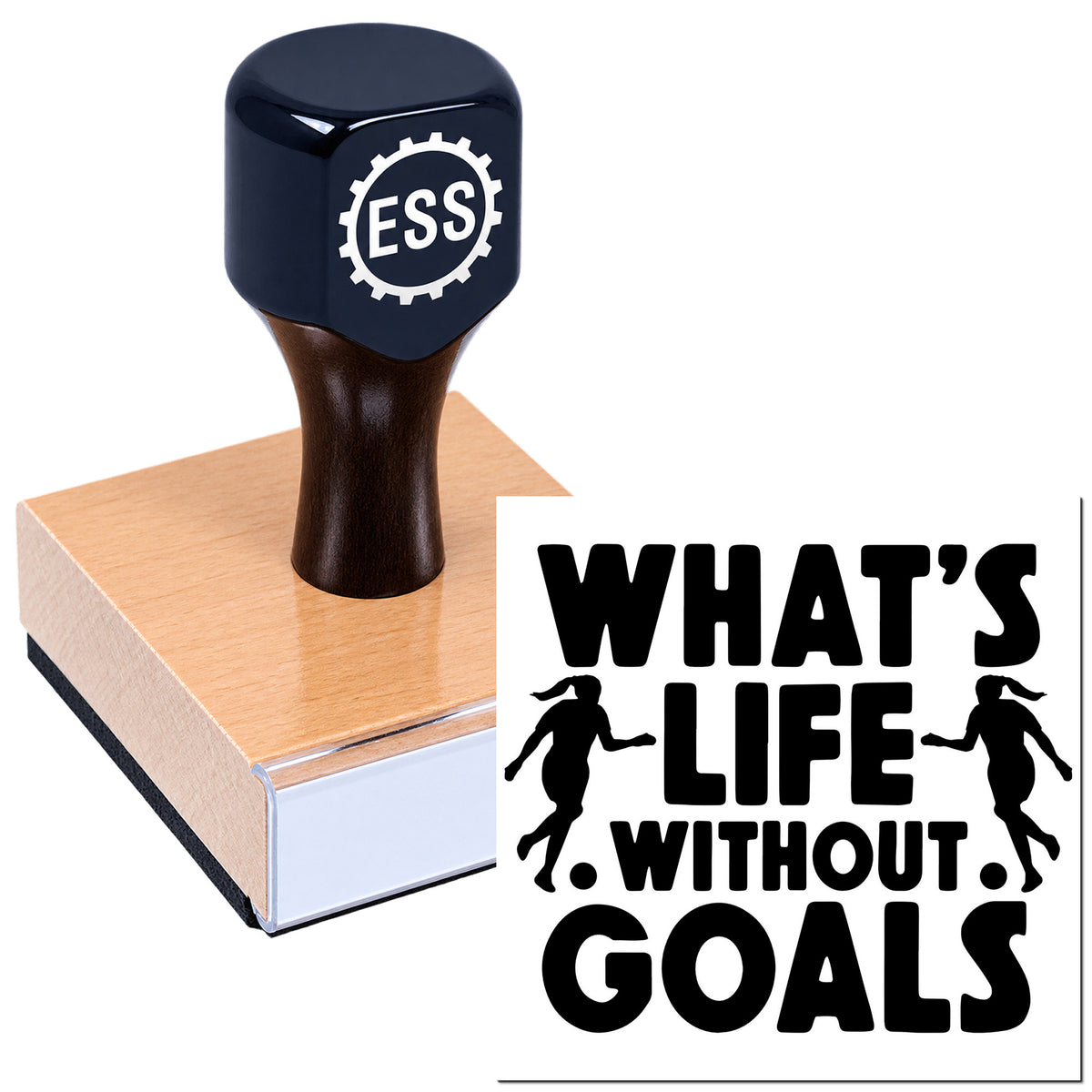 Dark blue ESS self-inking stamp on a pink seal block beside black "What's life without goals" print.