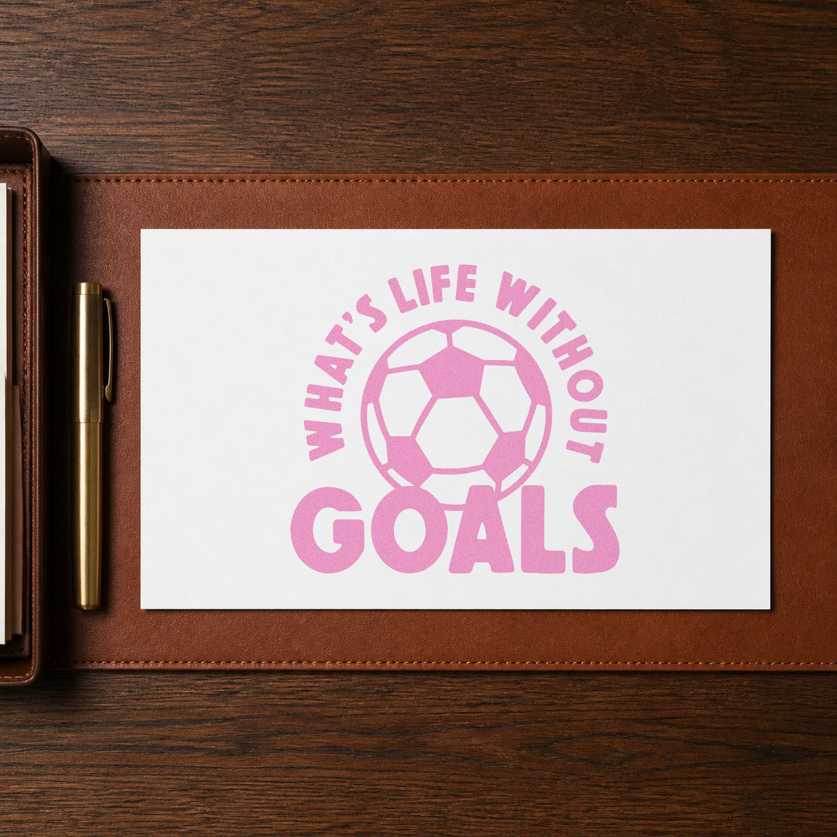 Life Without Goals Ball craft stamp in purple ink on cardstock, an easy option for team snack tags.