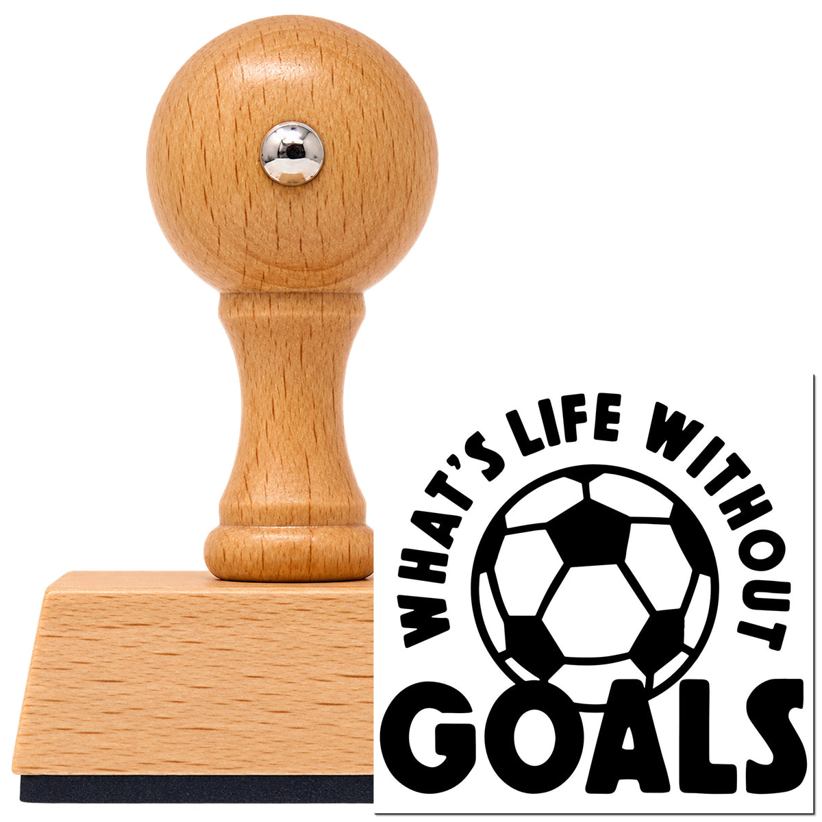 Vintage Pro beech wood stamp with a round knob handle, shown with its black Life Without Goals Ball Arch imprint on white.