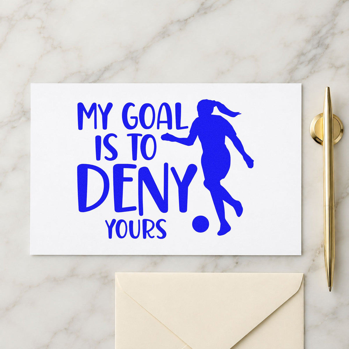 My Goal Is to Deny Yours craft stamp in blue ink on cardstock, an easy option for goalie jersey backs.