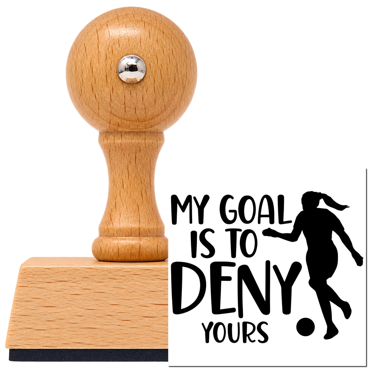 Vintage Pro beech wood stamp with a round knob handle, shown with its black My Goal Is To Deny Yours imprint on white.