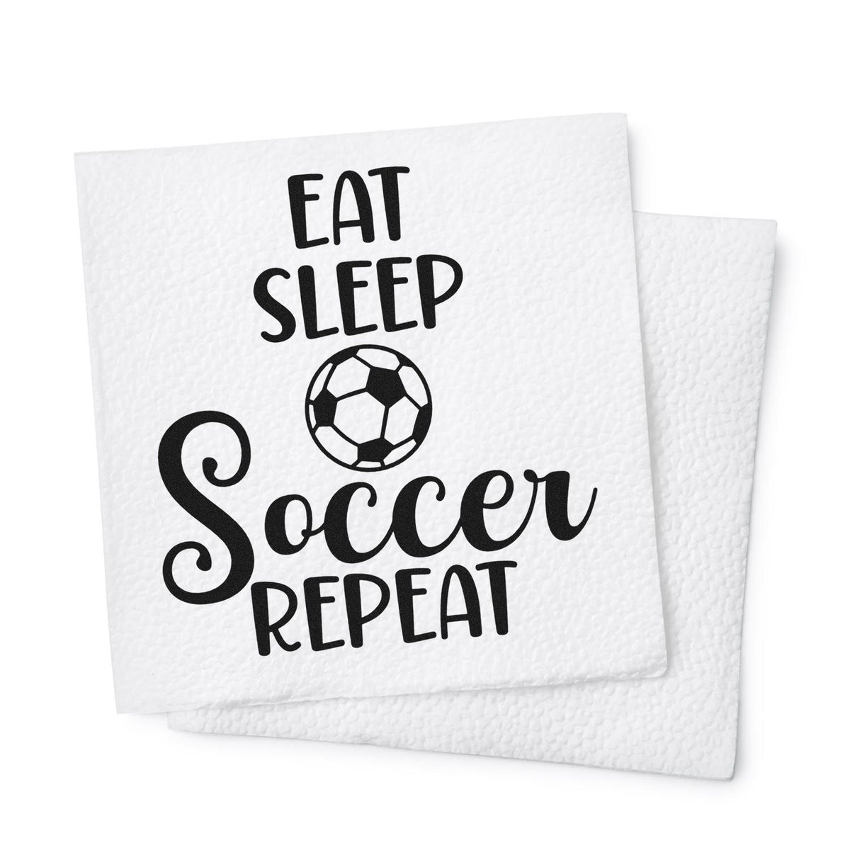 White embossed stamp and seal cards with black Eat Sleep Soccer Repeat text and a soccer ball graphic