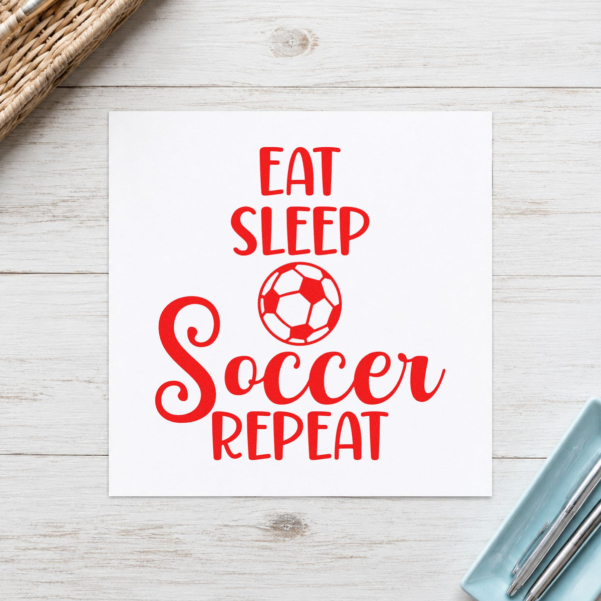 Eat Sleep Soccer Repeat rubber stamp shown in red ink, stamped for projects such as camp packing notes.
