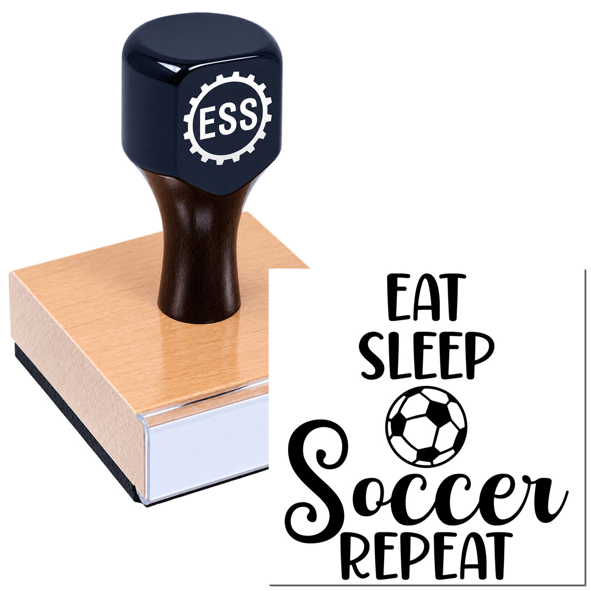 Dark navy ESS stamp and seal on wood block, with black Eat Sleep Soccer Repeat text and soccer ball icon.