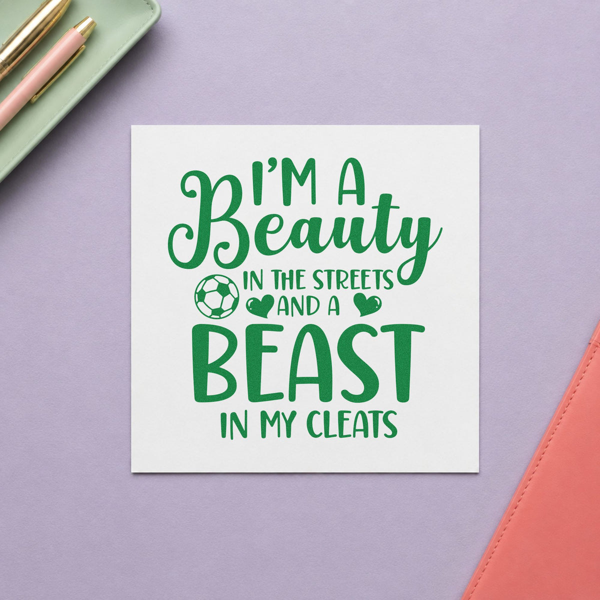 Beauty in Streets Beast in Cleats craft stamp imprint in green ink on a handmade project, one idea being game day pages.