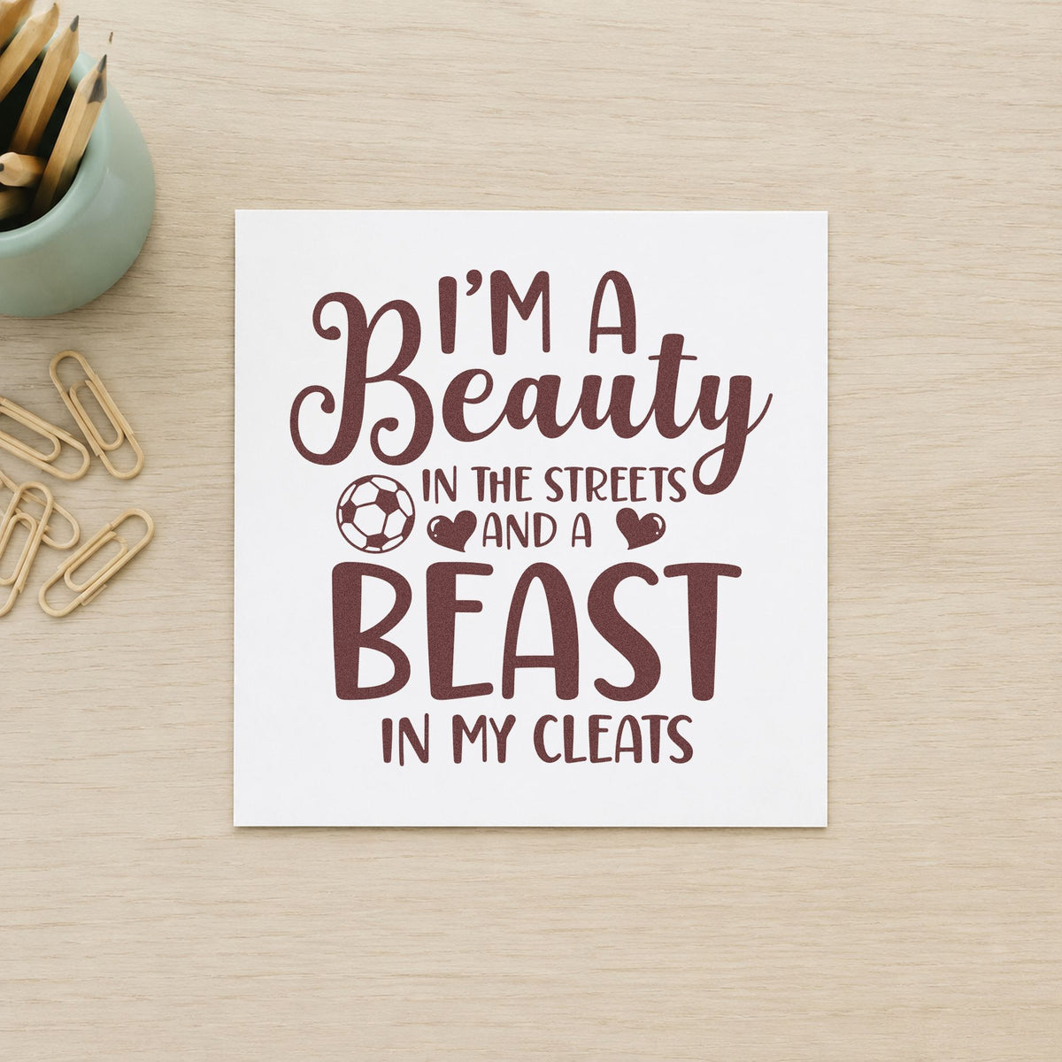 Beauty in Streets Beast in Cleats rubber stamp printed in brown ink, ready for makeup pouch labels and similar paper crafts.