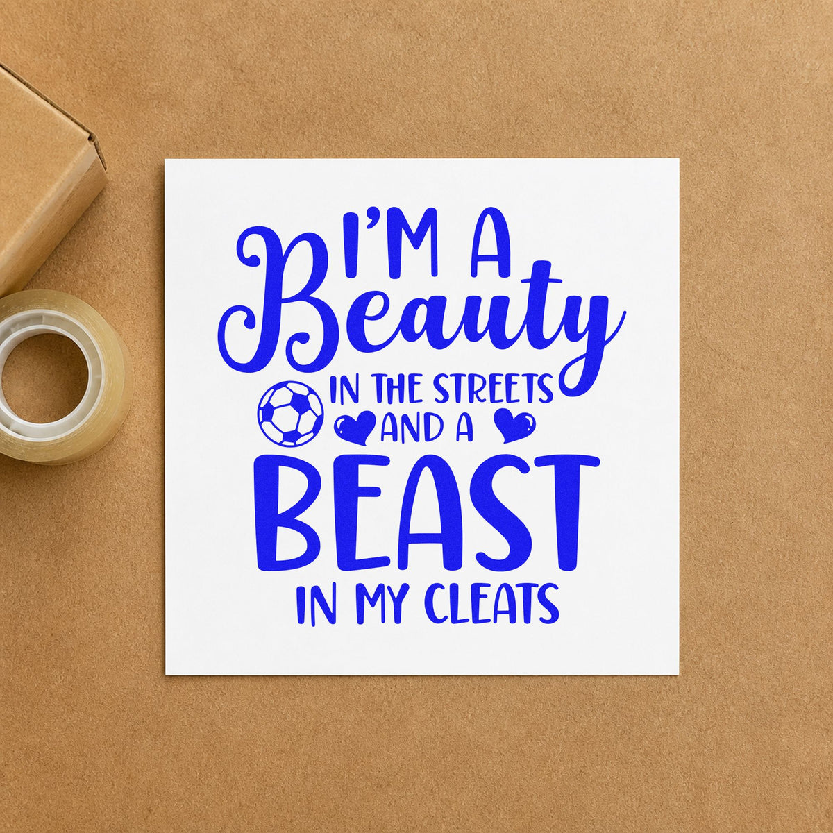Beauty in Streets Beast in Cleats craft stamp imprinted in blue ink on paper, a design suited to team mom banners.