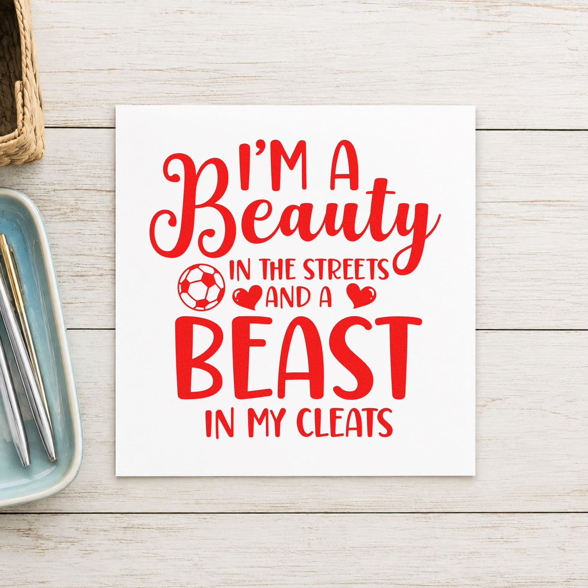 Beauty in Streets Beast in Cleats rubber stamp shown in red ink, stamped for projects such as homecoming game notes.