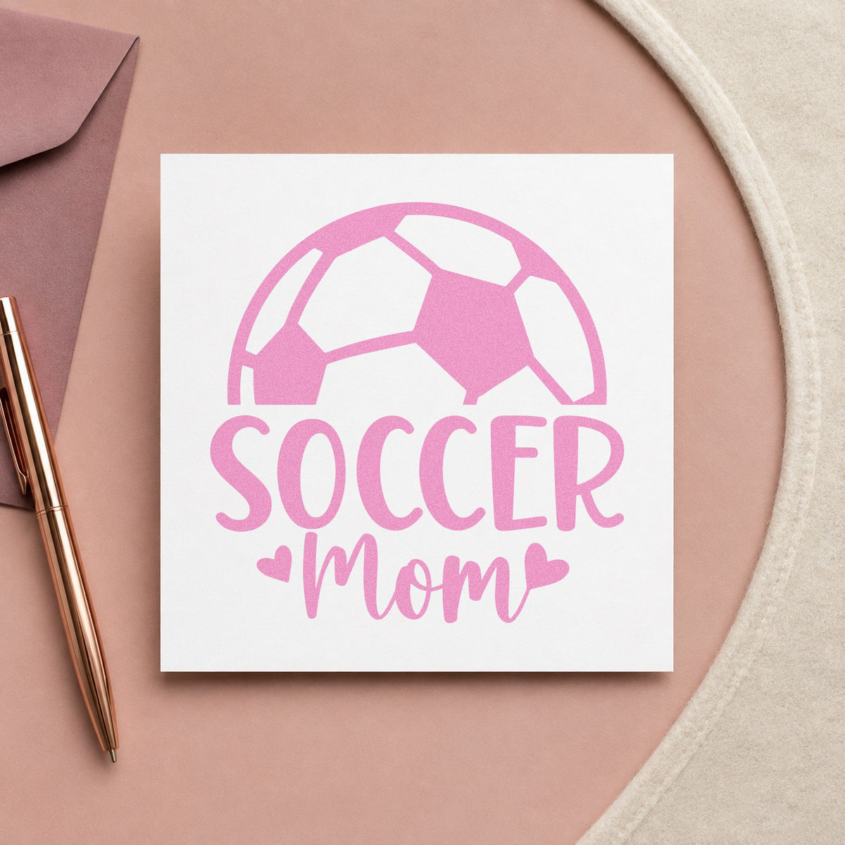 Soccer Mom Ball craft stamp in purple ink on cardstock, an easy option for sideline chair tags.