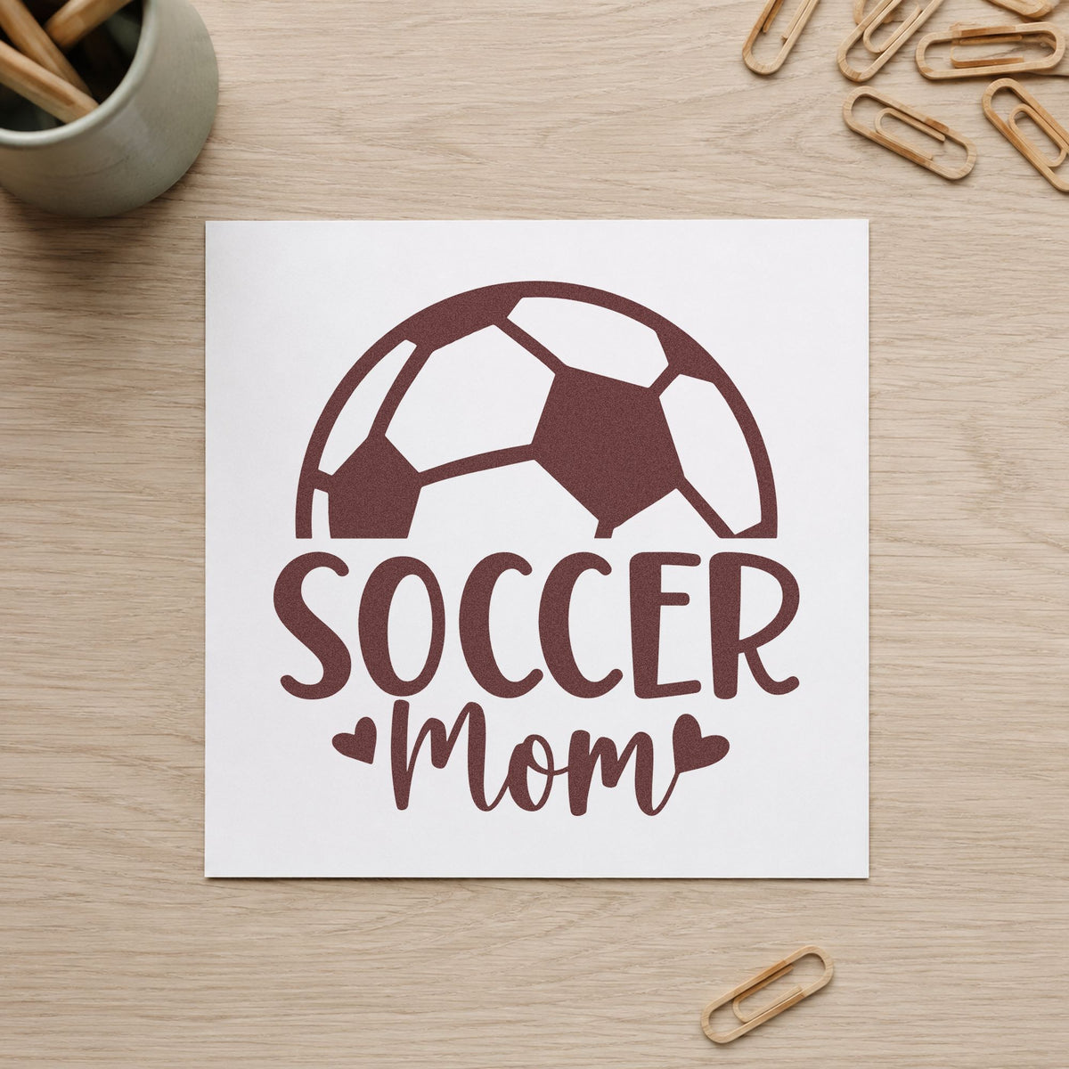 Soccer Mom Ball rubber stamp printed in brown ink, ready for snack bin labels and similar paper crafts.