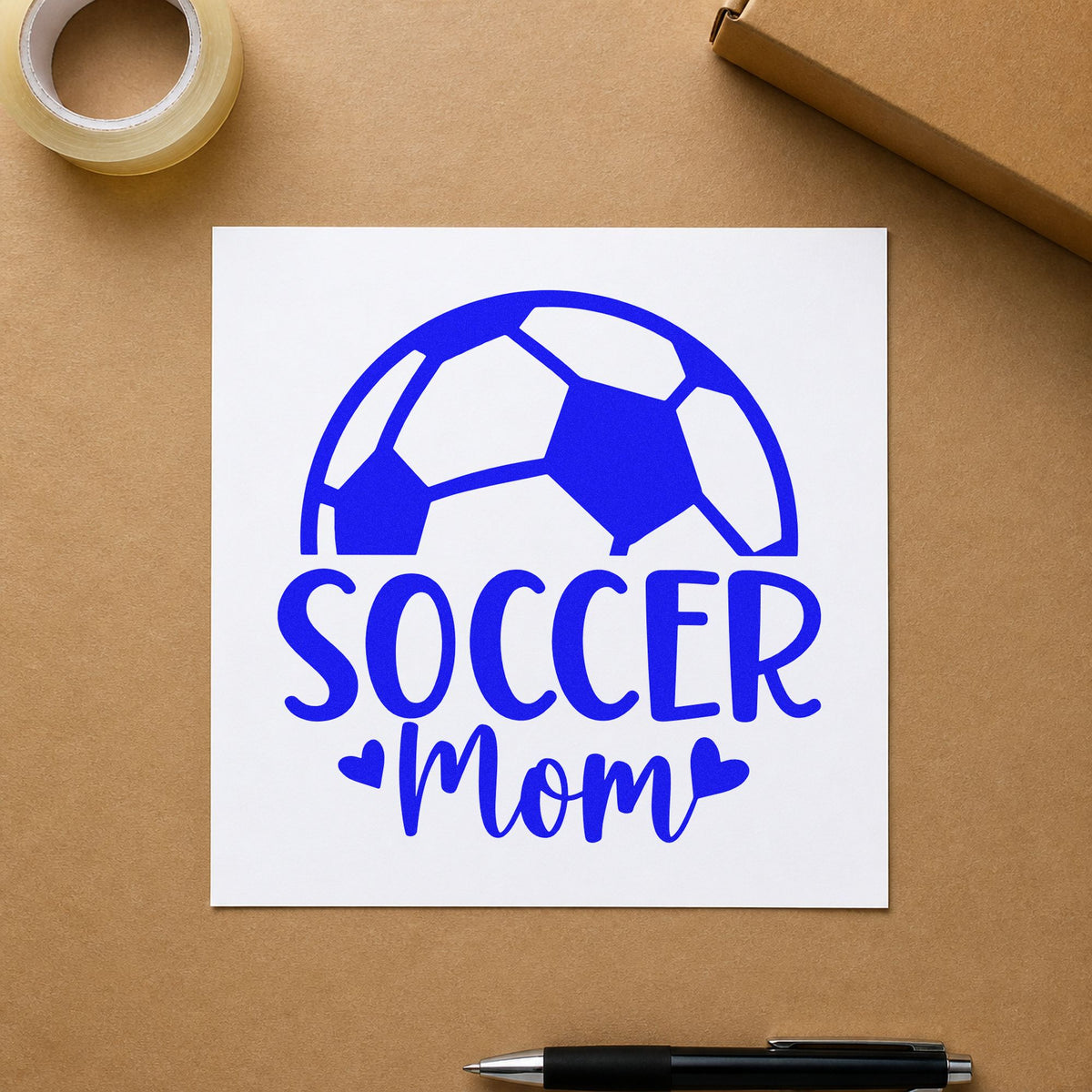 Soccer Mom Ball craft stamp imprinted in blue ink on paper, a design suited to thermos band wraps.