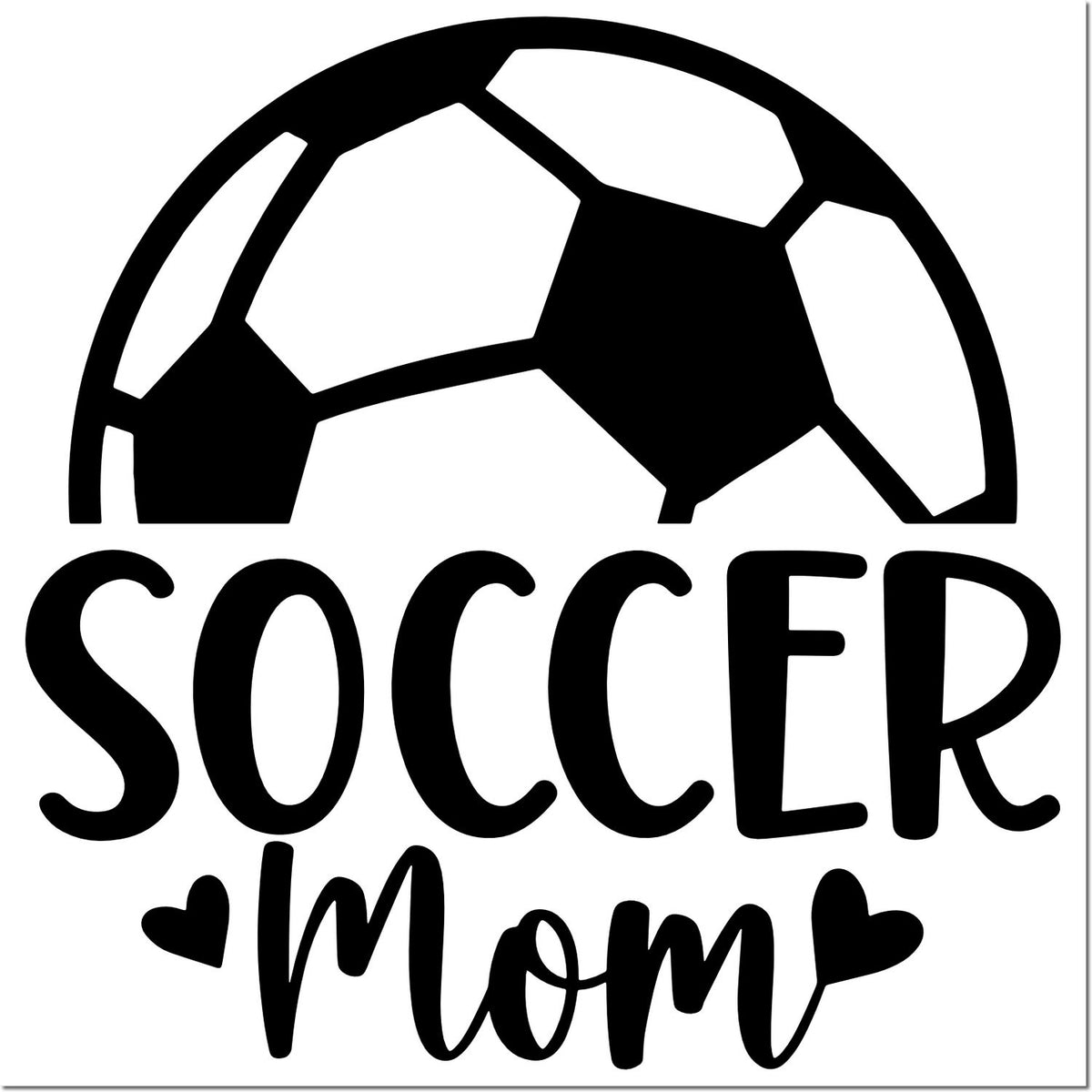 Black soccer ball with Soccer Mom text and hearts, stamp and seal design in black on a white background.