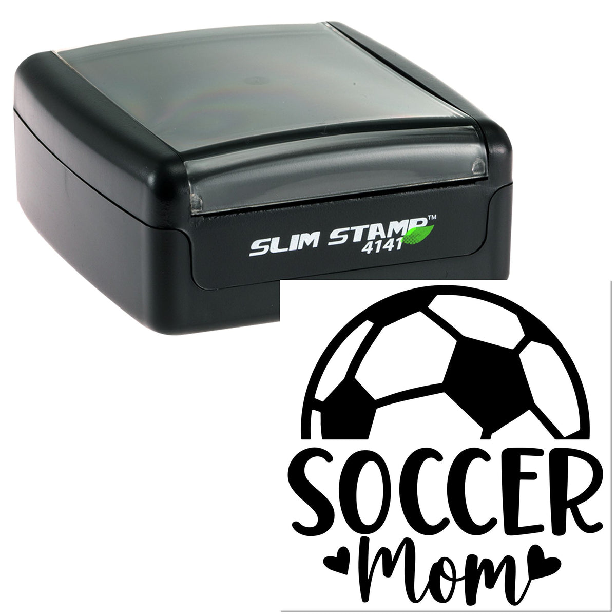 Black Slim Stamp 4141 self-inking stamp with soccer ball and Soccer Mom seal design.