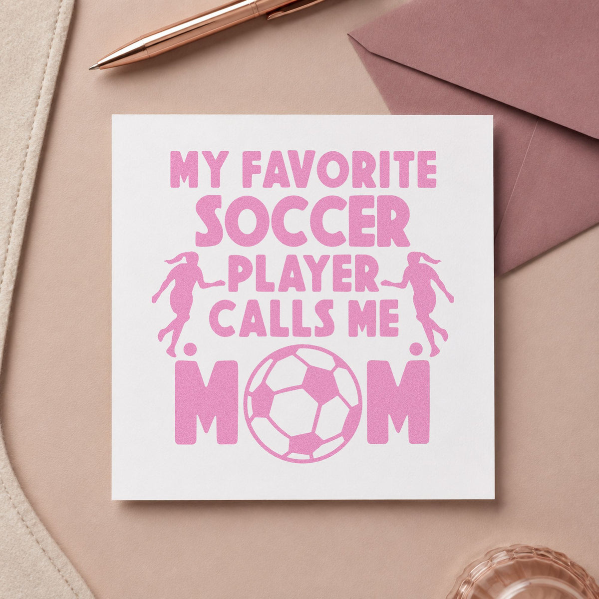Favorite Soccer Player Mom craft stamp in purple ink on cardstock, an easy option for sibling match tags.