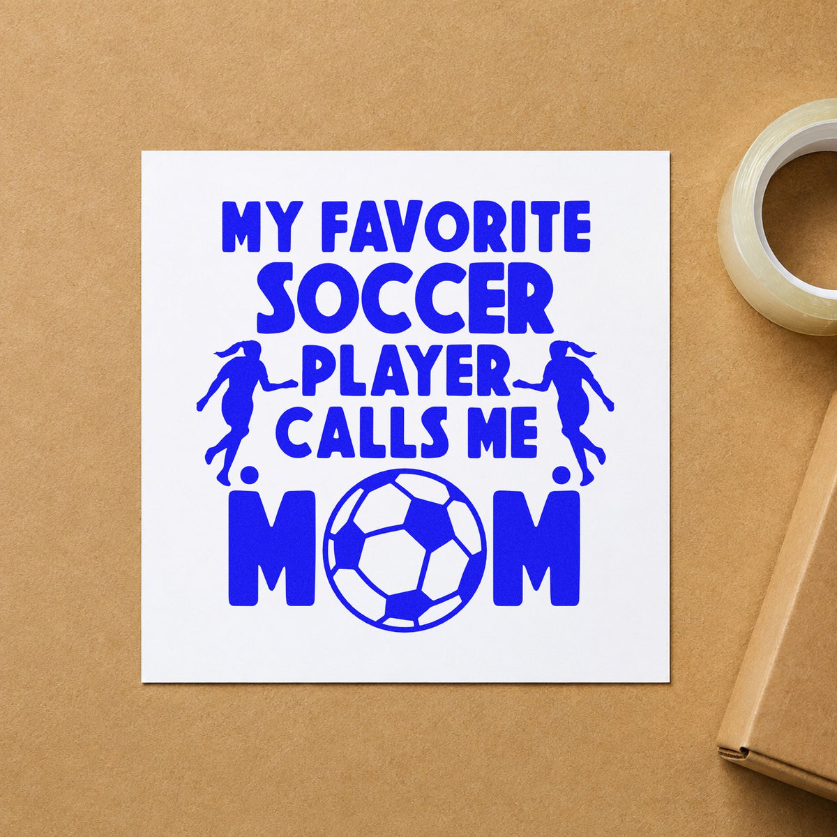 Favorite Soccer Player Mom craft stamp imprinted in blue ink on paper, a design suited to award night labels.