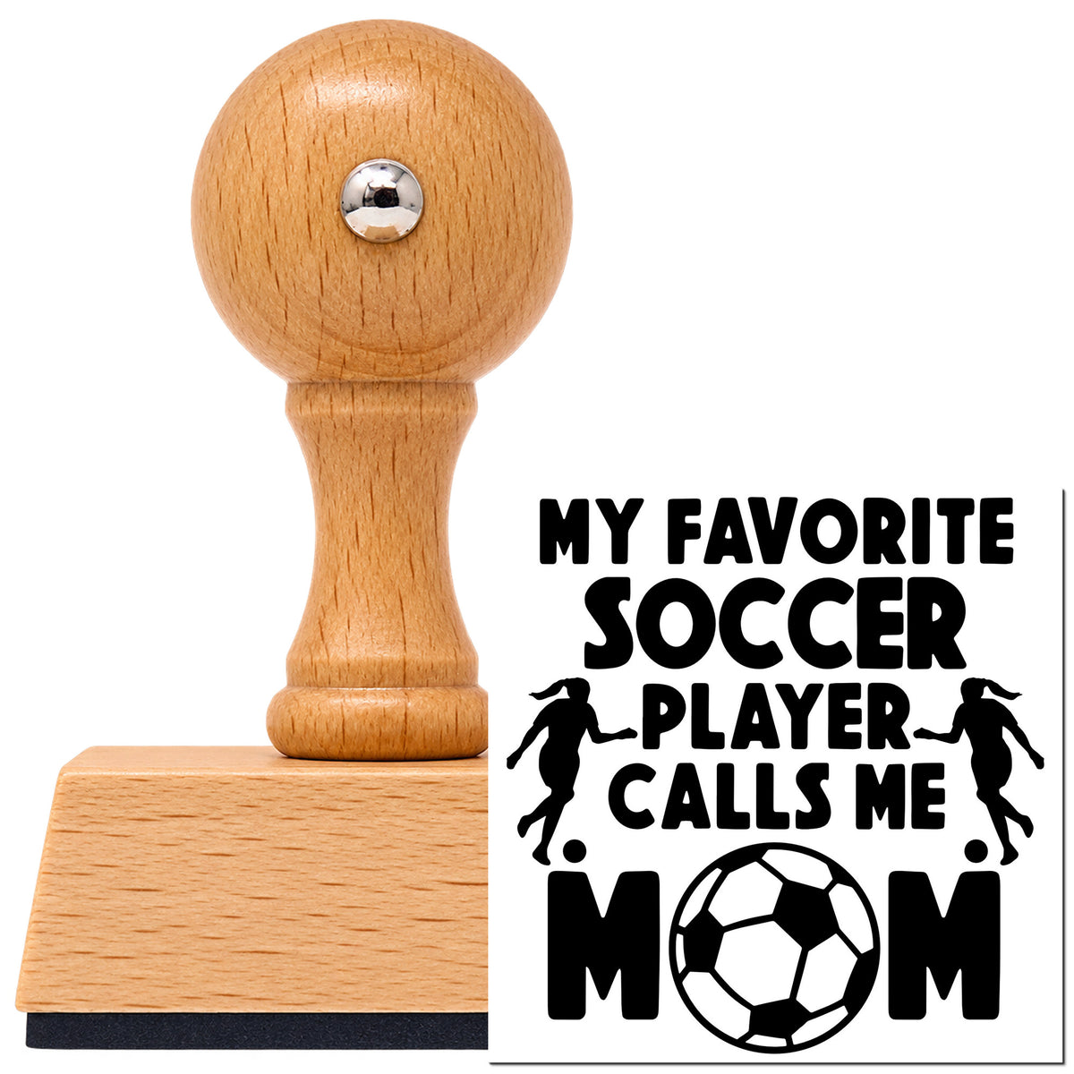 Vintage Pro beech wood stamp with a round knob handle, shown with its black Favorite Soccer Player Mom imprint on white.