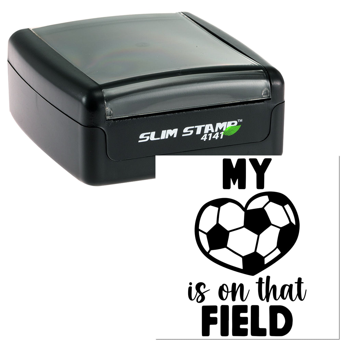 Black self-inking stamp with gray lid and custom soccer seal reading MY is on that FIELD with heart-shaped soccer ball.