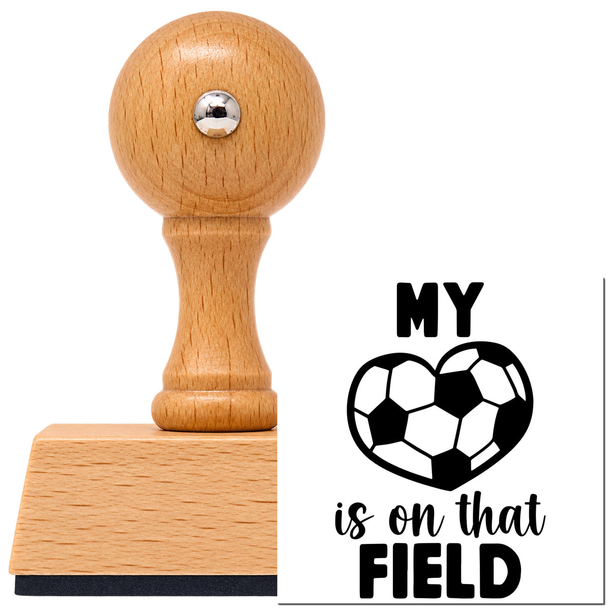 Vintage Pro beech wood stamp with a round knob handle, shown with its black My Heart On The Soccer Field imprint on white.