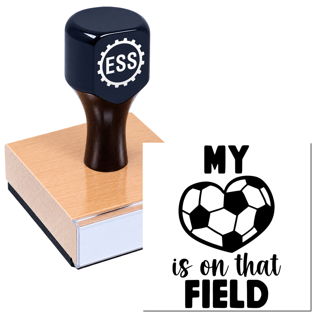 Black ESSI stamp and wooden seal block printing a soccer heart with "MY is on that FIELD" on white background.