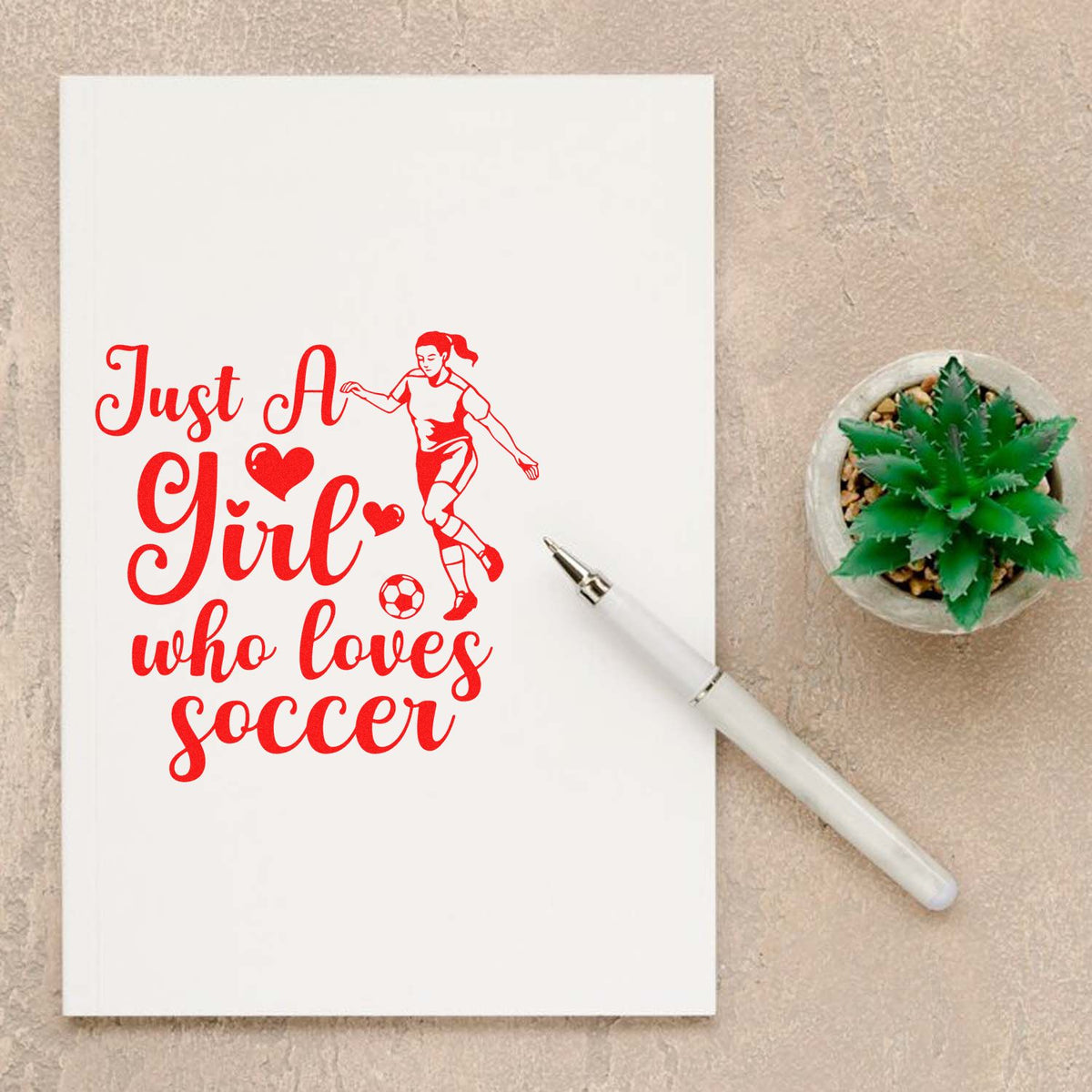 Girl Who Loves Soccer Player rubber stamp shown in red ink, stamped for projects such as birthday party tags.