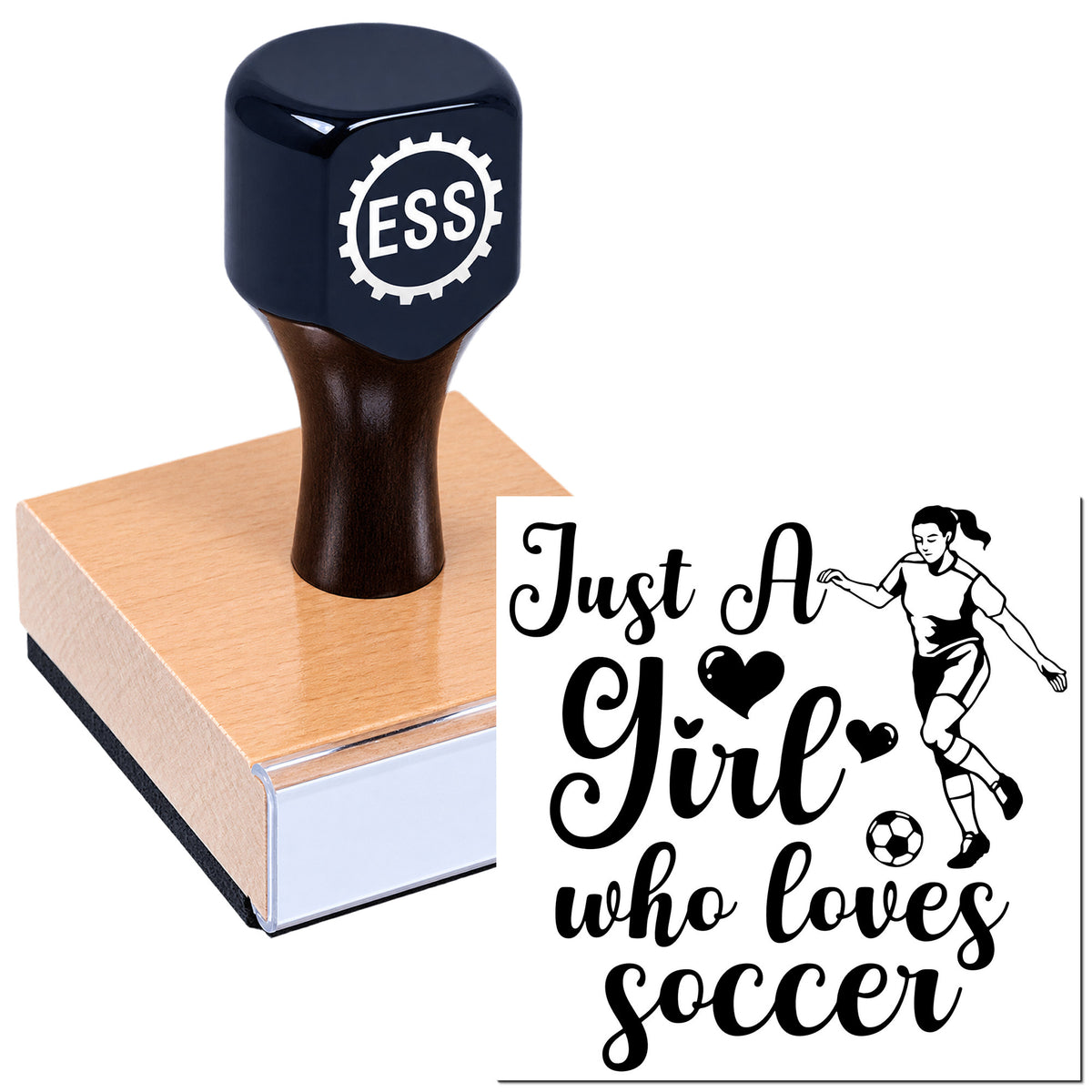 Dark navy stamp with ESS logo on a wood block beside a black custom seal reading "Just A Girl Who Loves Soccer," with player and ball.