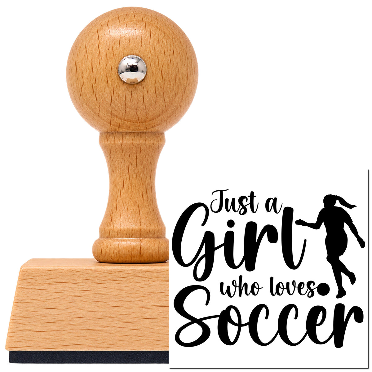 Vintage Pro beech wood stamp with a round knob handle, shown with its black Girl Who Loves Soccer Silhouette imprint on white.