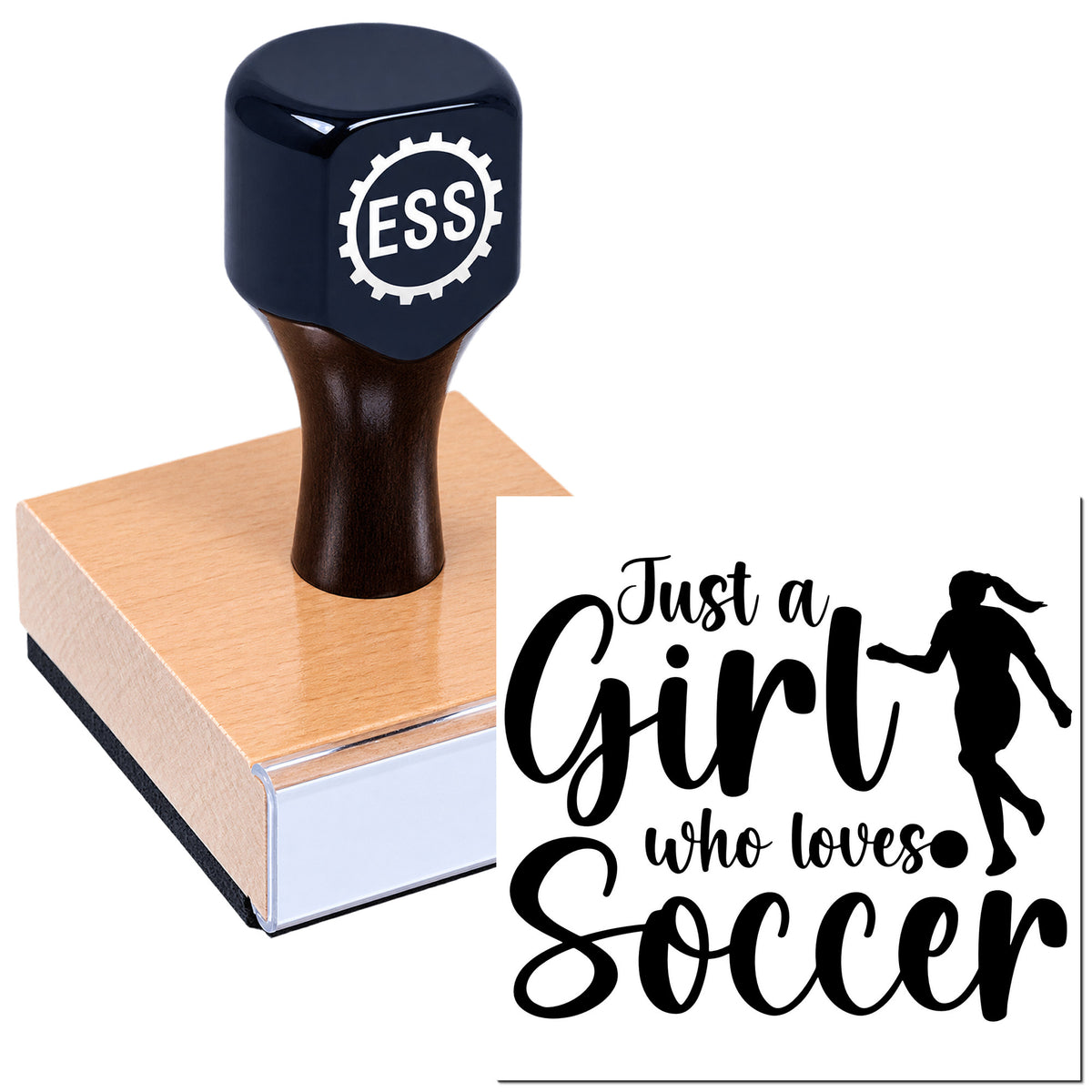 Custom black rubber stamp and seal on wooden base with "Just a Girl who loves Soccer" design and soccer girl silhouette.