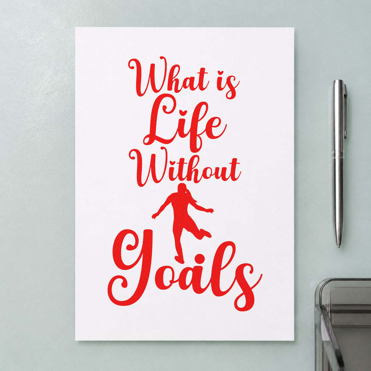 Life Without Goals Script rubber stamp shown in red ink, stamped for projects such as college signing notes.