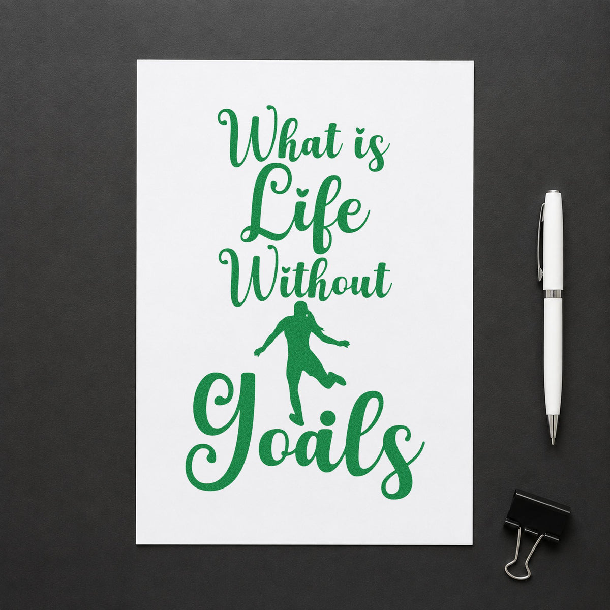 Life Without Goals Script craft stamp imprint in green ink on a handmade project, one idea being framed study wall.
