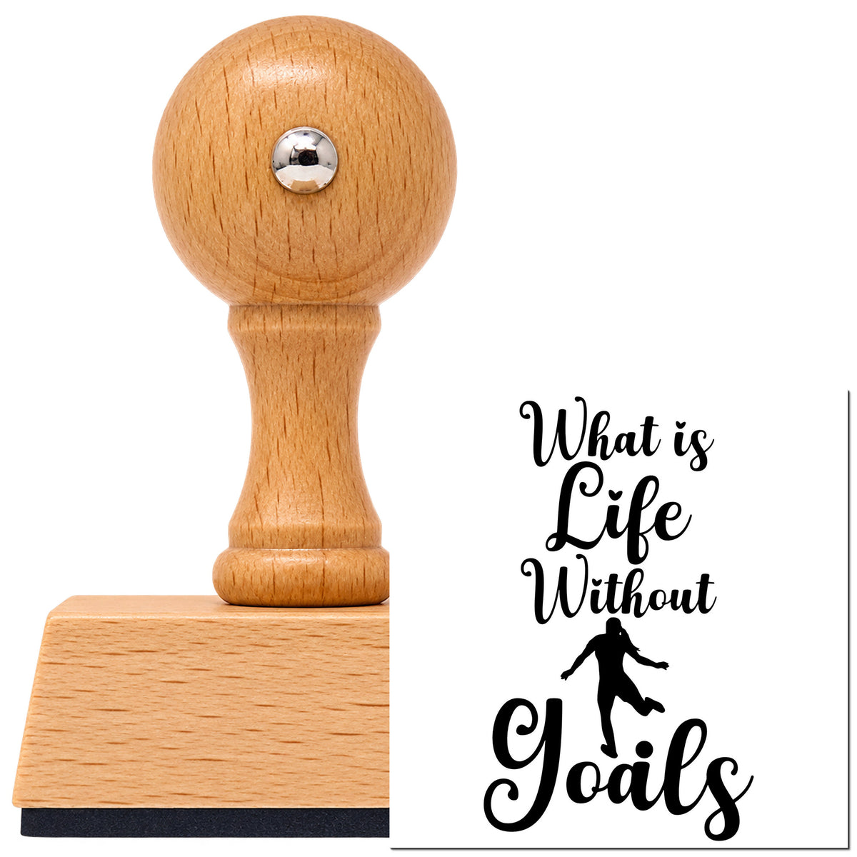 Vintage Pro beech wood stamp with a round knob handle, shown with its black Life Without Goals Script imprint on white.