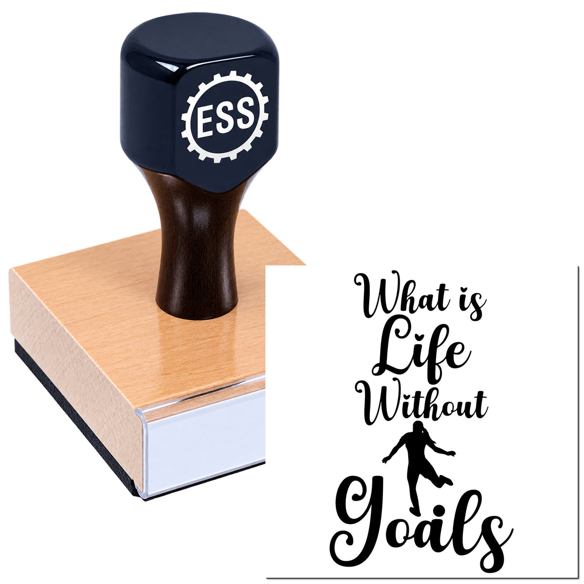 Black ESSI stamp and seal pressing into a book beside "What is Life Without Goals" text on a white background.