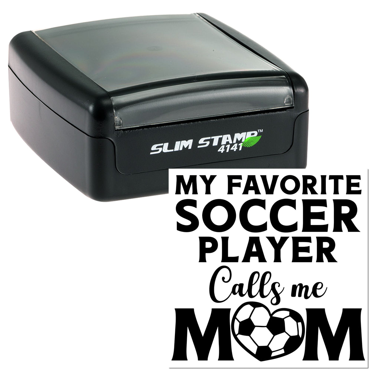 Black self-inking slim stamp with clear cover, showing custom soccer mom text and heart-shaped soccer ball design.