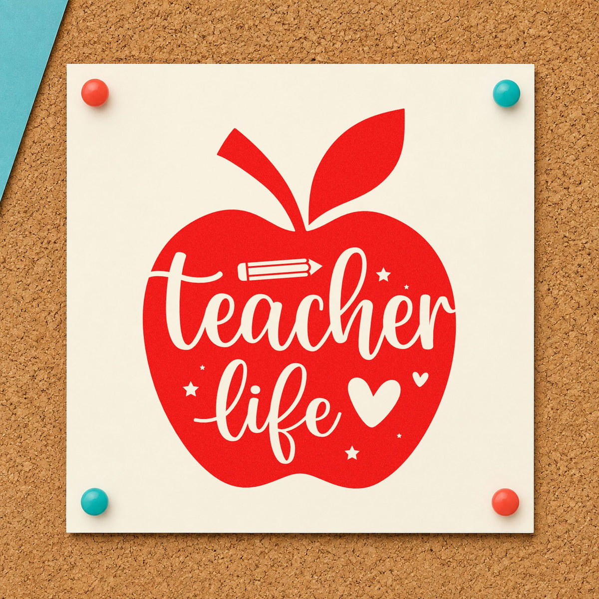 Teacher Life Apple rubber stamp shown in red ink, stamped for projects such as retirement year notes.